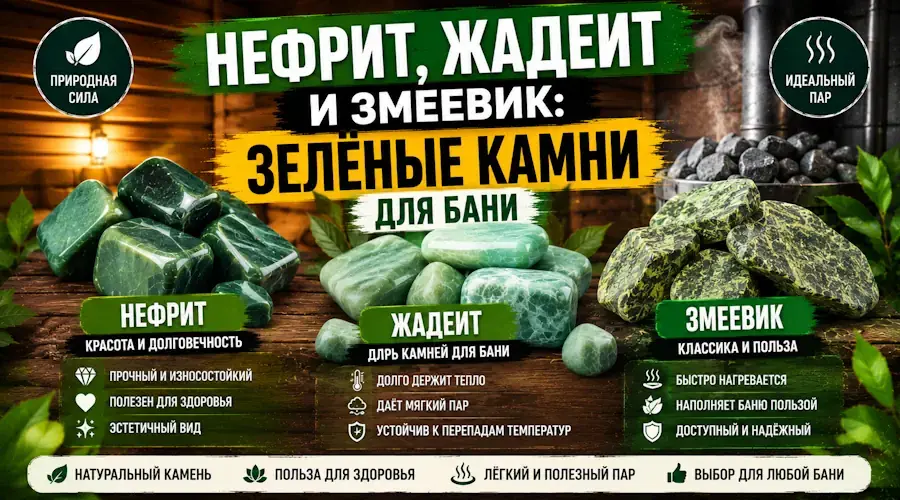 Нефрит, жадеит и змеевик: зелёные камни для бани