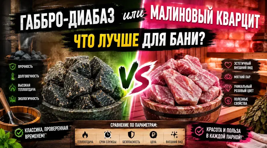 Габбро-диабаз или малиновый кварцит: что лучше для бани и банной печи